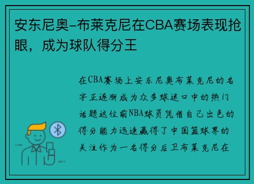 安东尼奥-布莱克尼在CBA赛场表现抢眼，成为球队得分王