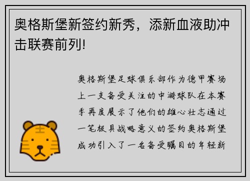 奥格斯堡新签约新秀，添新血液助冲击联赛前列!